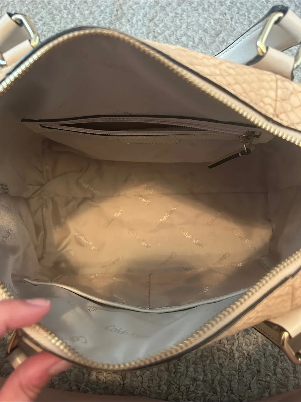 Calvin Klein Beige Snake-Embossed Satchel with Tan Pouch